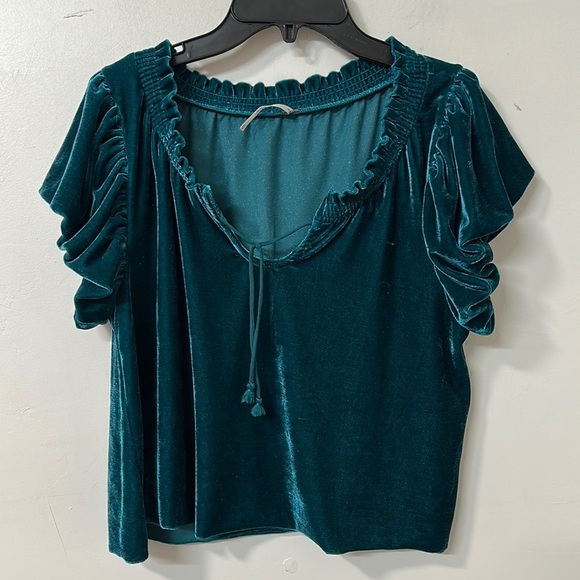 Free People Green and Blue Puff Sleeve Blouse - Picture 1 of 3